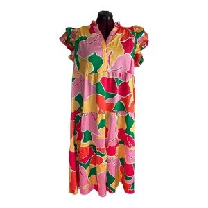 Umgee Multicolor Abstract Print Tiered Ruffle Sleeve Midi Dress Boho Resort Wear